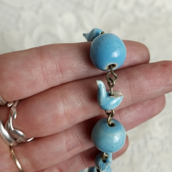 Vintage Glazed Ceramic Blue Bird Bead Handmade Dangle Earrings Choker Necklace - Picture 4 of 5